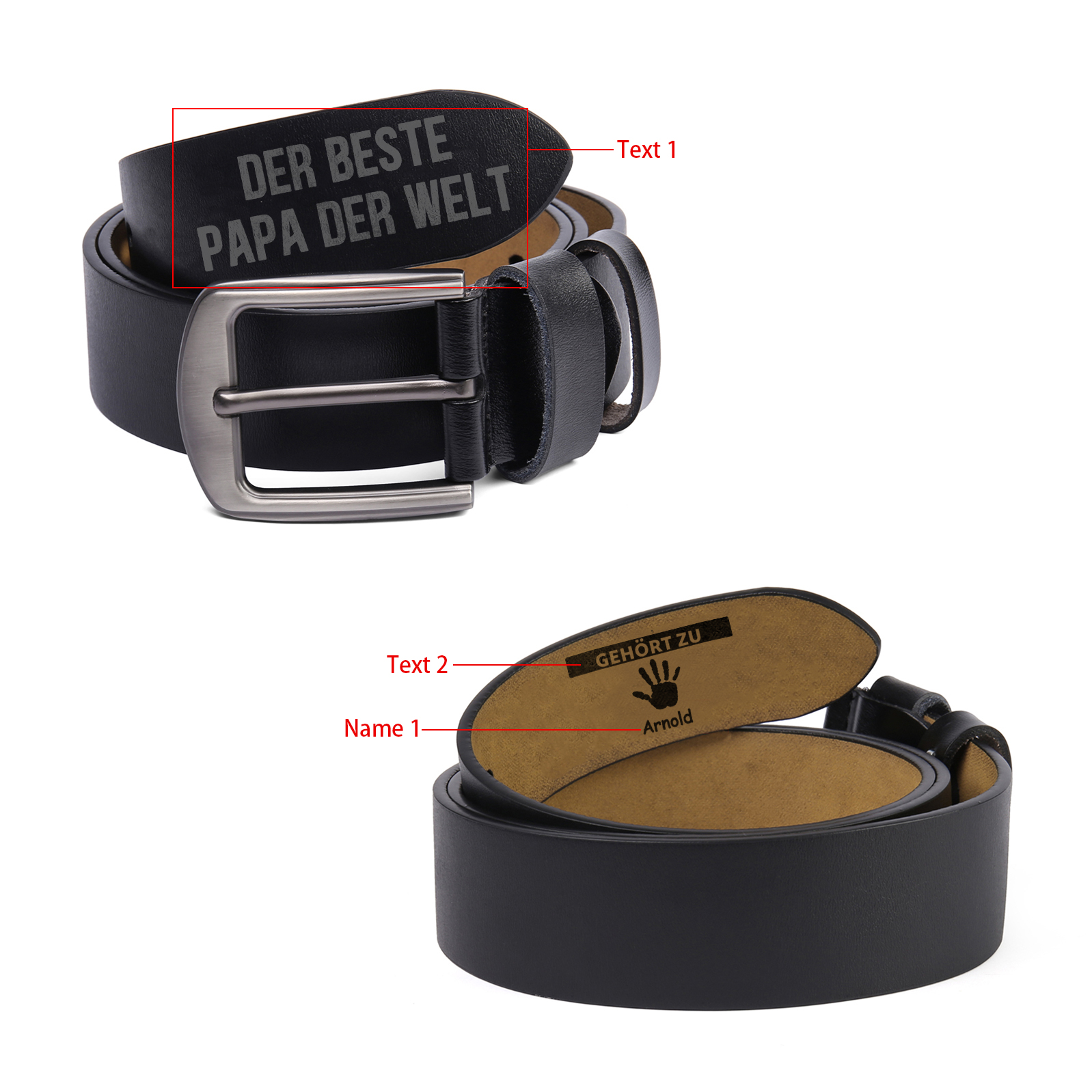 Personalisierter 1 Name & 2 Texte Schwarz Herren Ledergürtel - Der beste PAPA der Welt gehört zu- Geschenk für Vater/Papa