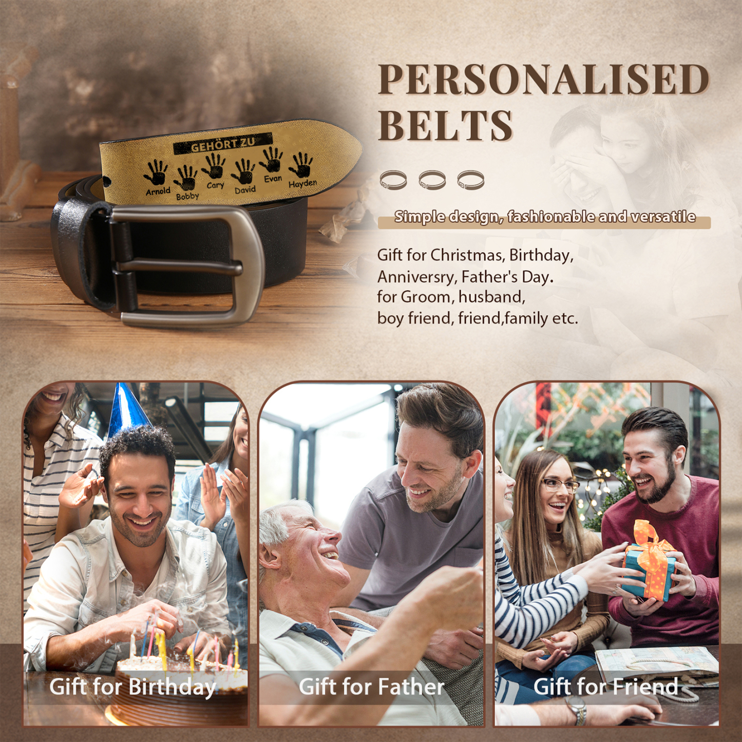 Personalisierter 6 Name & 2 Texte Schwarz Herren Ledergürtel - Der beste PAPA der Welt gehört zu- Geschenk für Vater/Papa