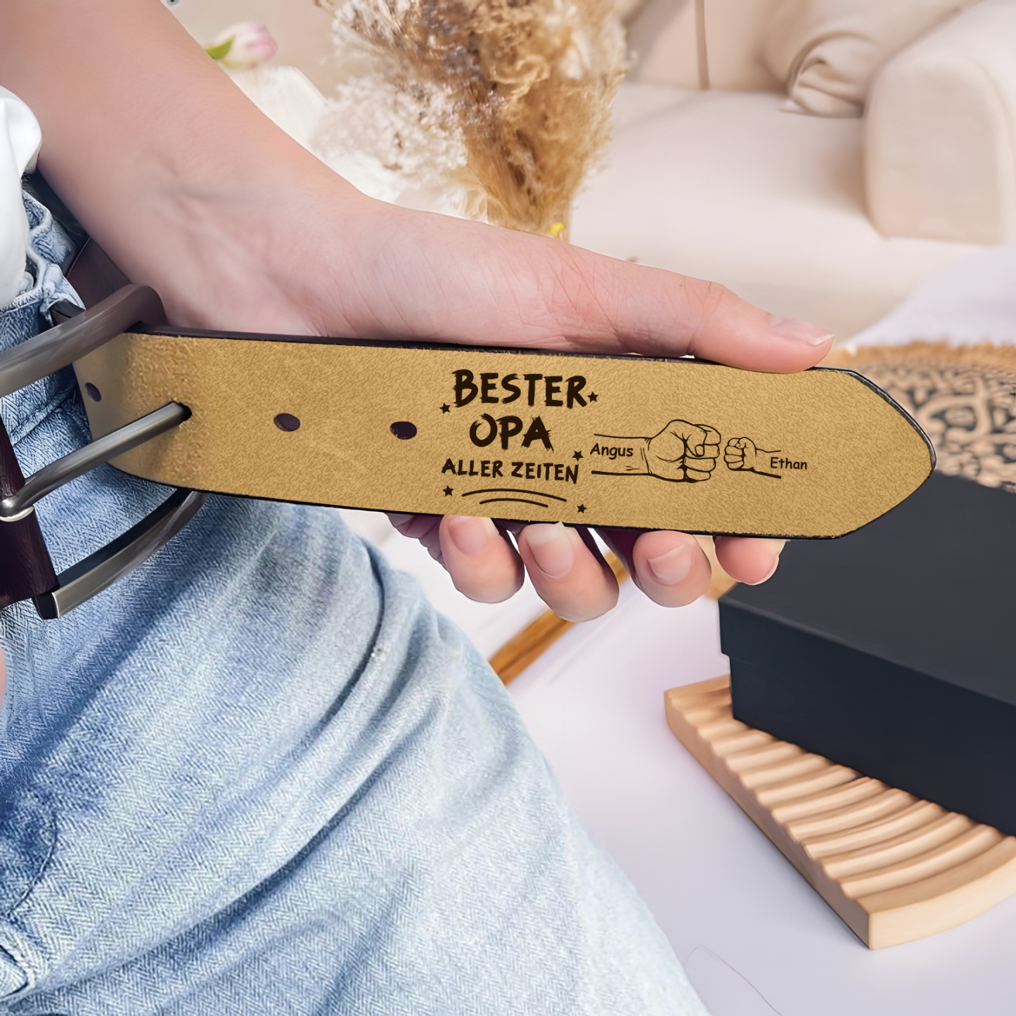Personalisierter 2 Namen mit Faust Schwarz Herren Ledergürtel - Bester PAPA aller Zeiten- Geschenk für Papa