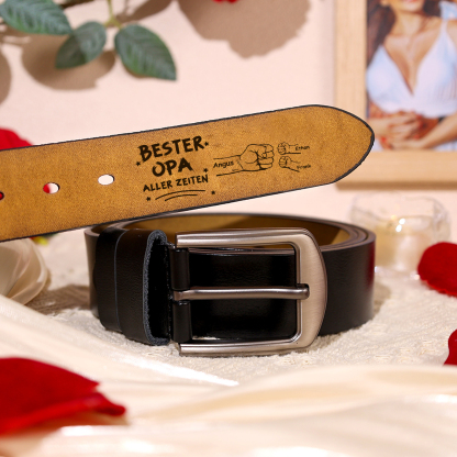 Personalisierter 3 Namen mit Faust Schwarz Herren Ledergürtel - Bester PAPA aller Zeiten- Geschenk für Papa