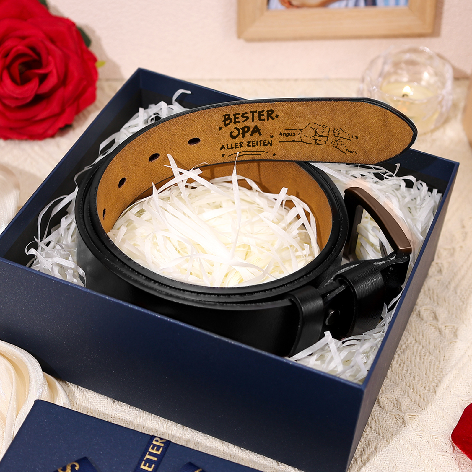 Personalisierter 3 Namen mit Faust Schwarz Herren Ledergürtel - Bester PAPA aller Zeiten- Geschenk für Papa