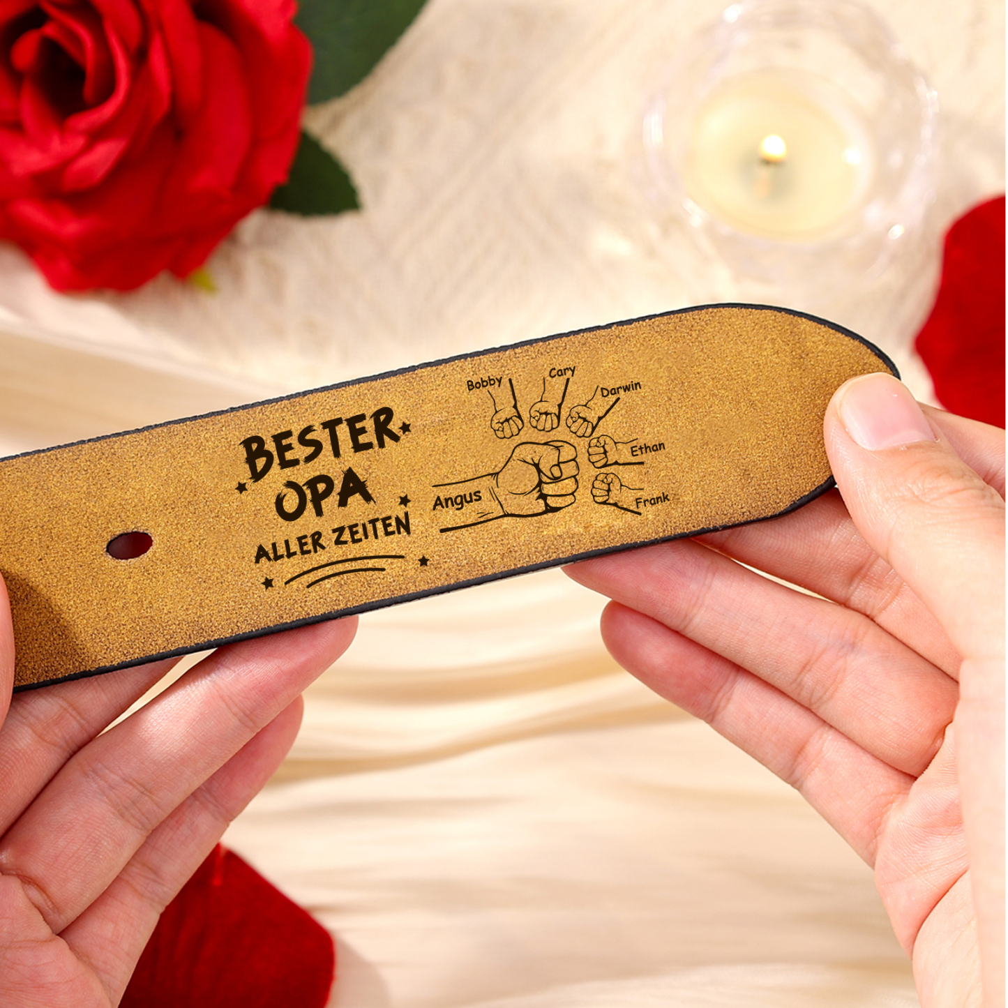 Personalisierter 6 Namen mit Faust Schwarz Herren Ledergürtel - Bester PAPA aller Zeiten- Geschenk für Papa