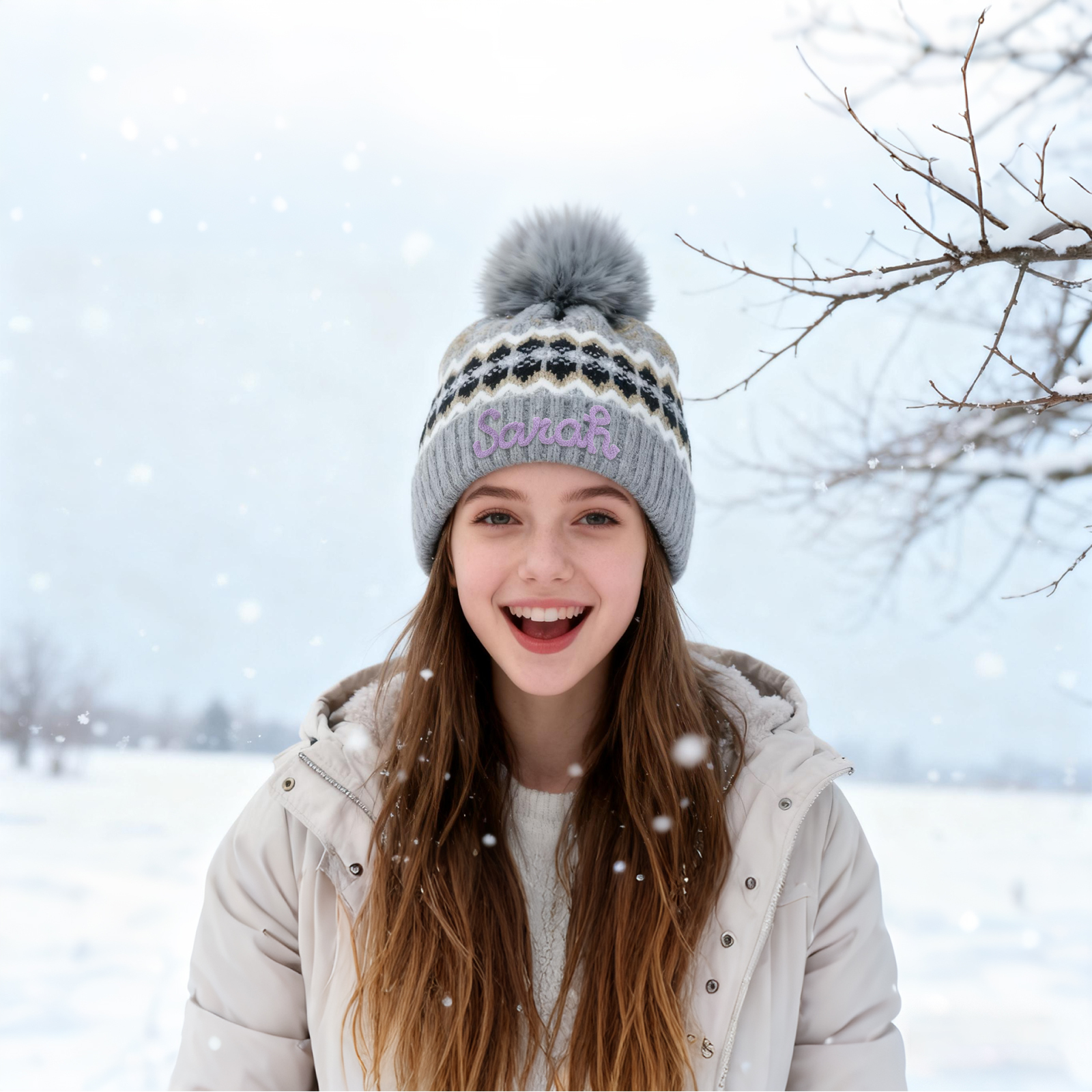 Personalisierte Strick-Bommelmütze Schneeflocken für Damen——Enthält fünf Farben