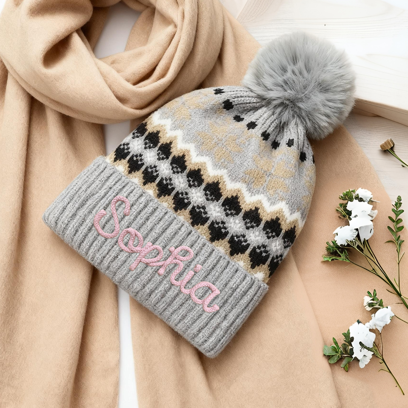 Personalisierte Strick-Bommelmütze Schneeflocken für Damen——Enthält fünf Farben