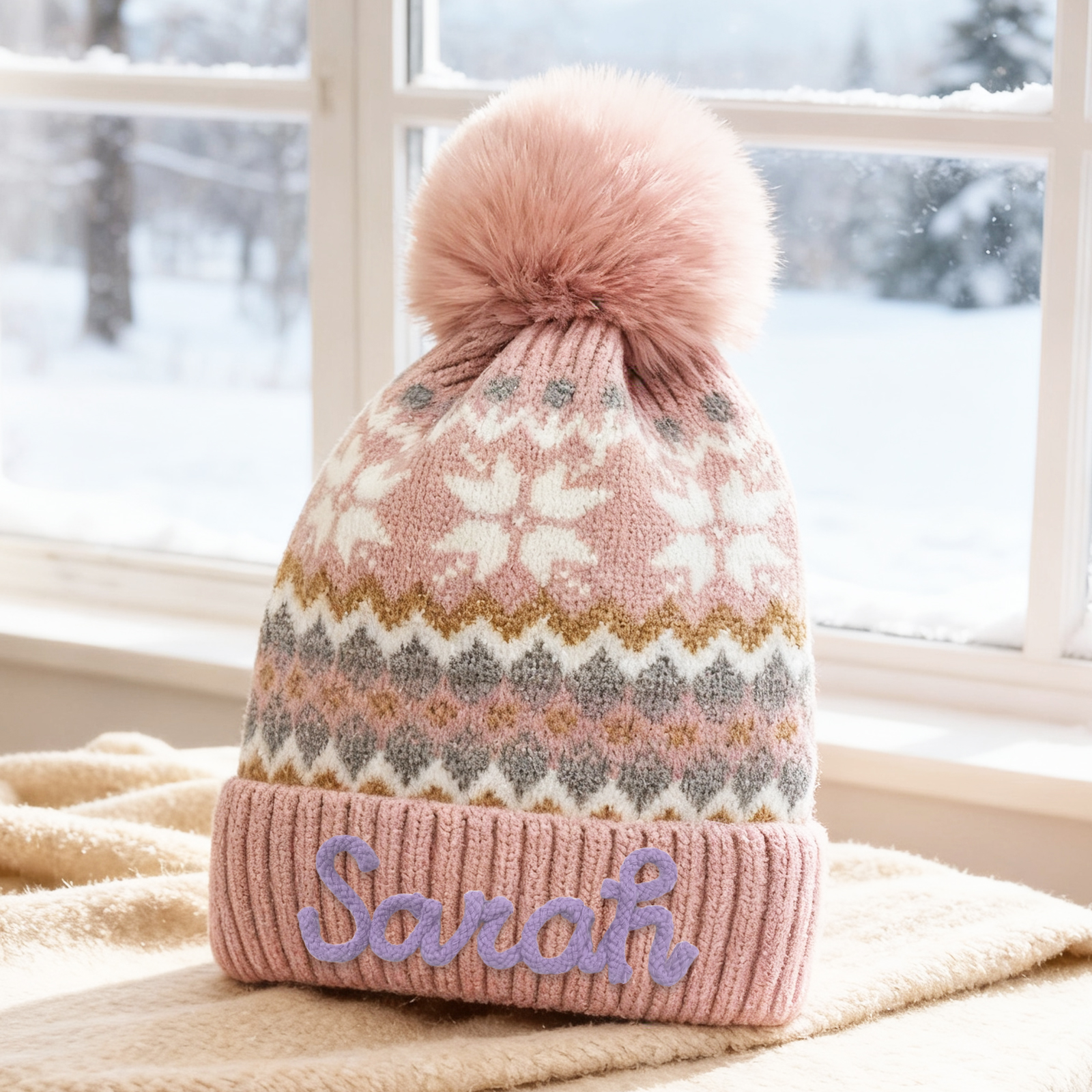 Personalisierte Strick-Bommelmütze Schneeflocken für Damen——Enthält fünf Farben