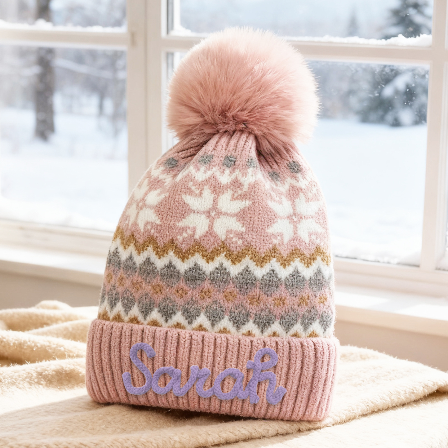 Personalisierte Strick-Bommelmütze Schneeflocken für Damen——Enthält fünf Farben