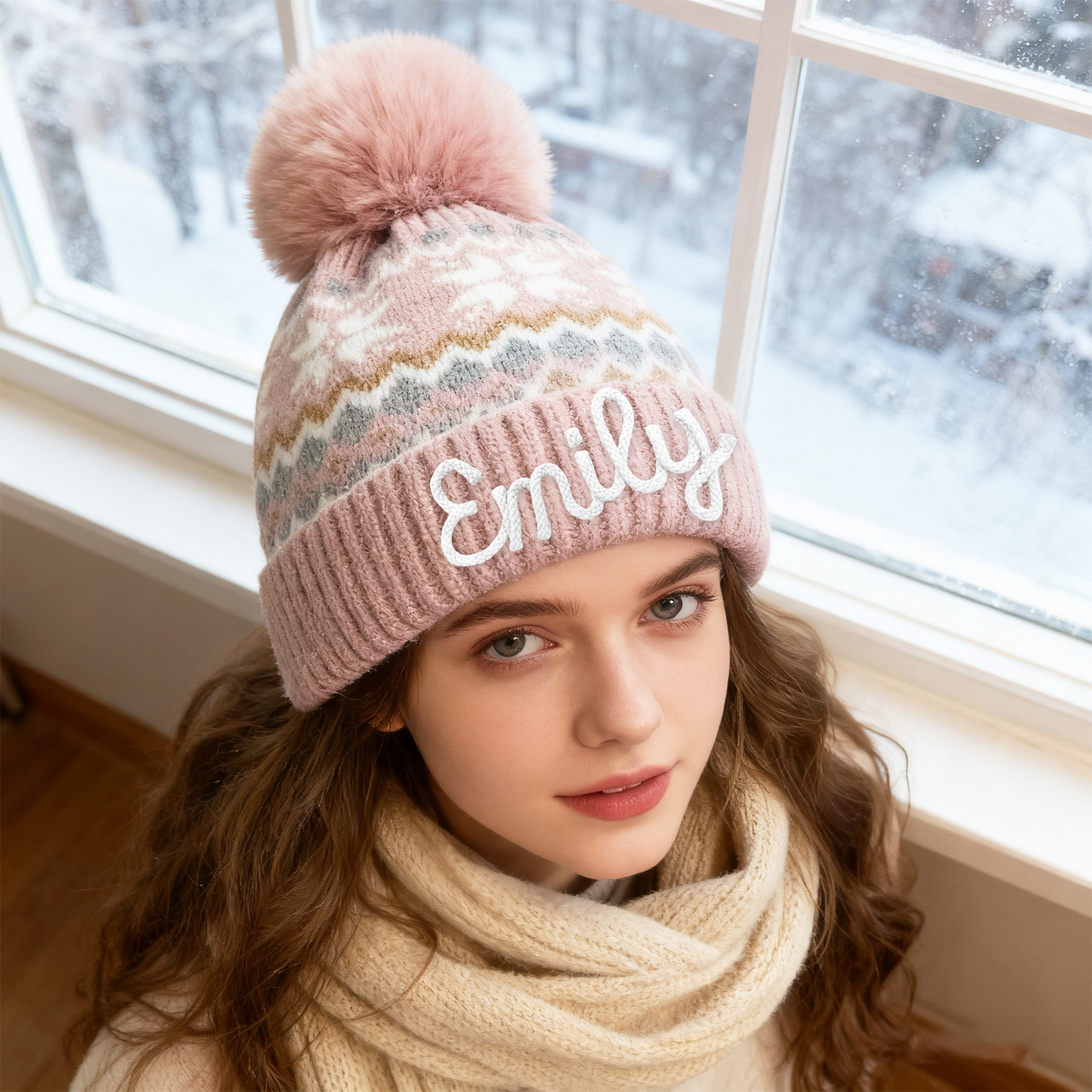 Personalisierte Strick-Bommelmütze Schneeflocken für Damen——Enthält fünf Farben