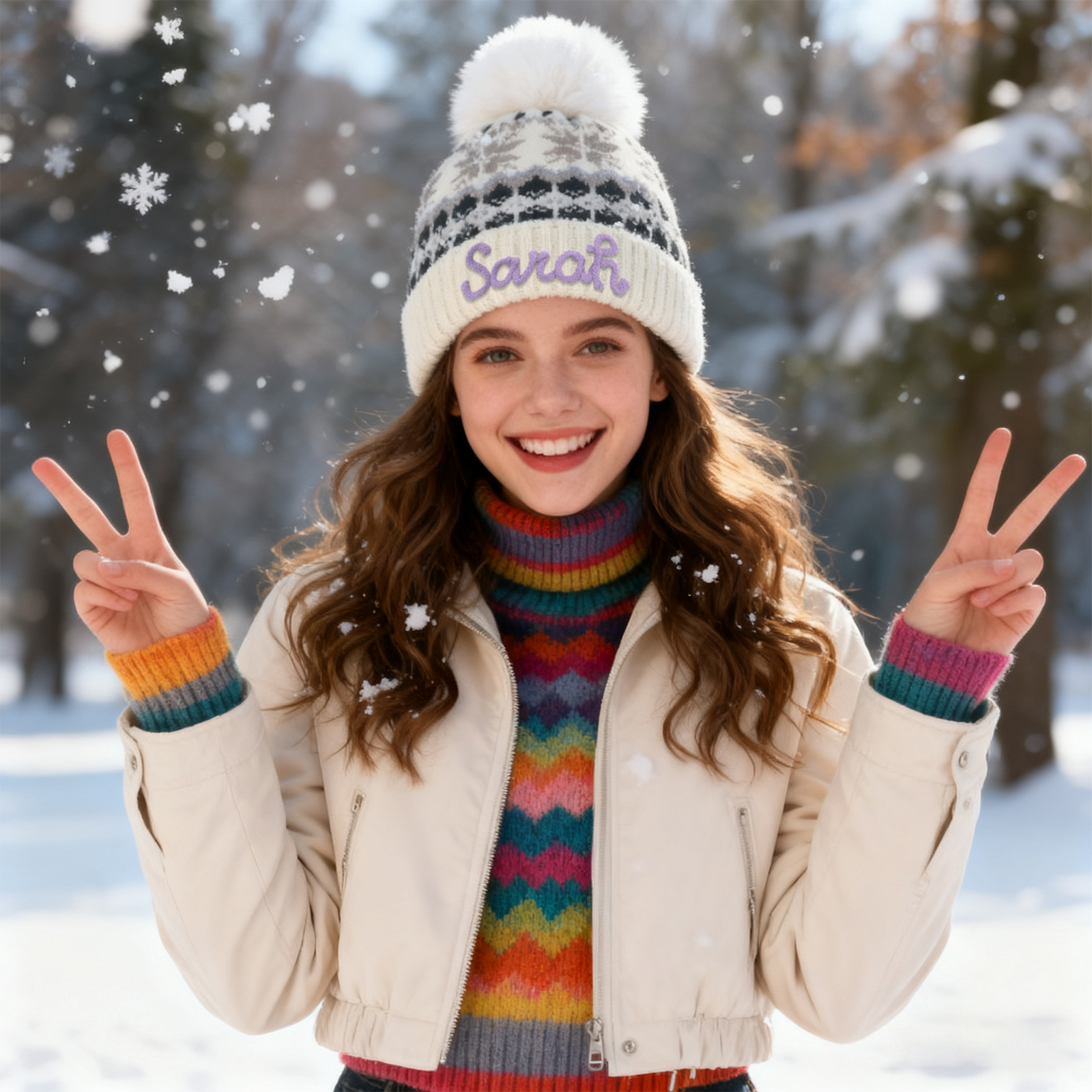 Personalisierte Strick-Bommelmütze Schneeflocken für Damen——Enthält fünf Farben