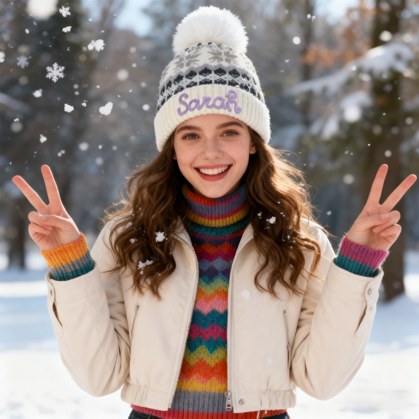 Personalisierte Strick-Bommelmütze Schneeflocken für Damen——Enthält fünf Farben