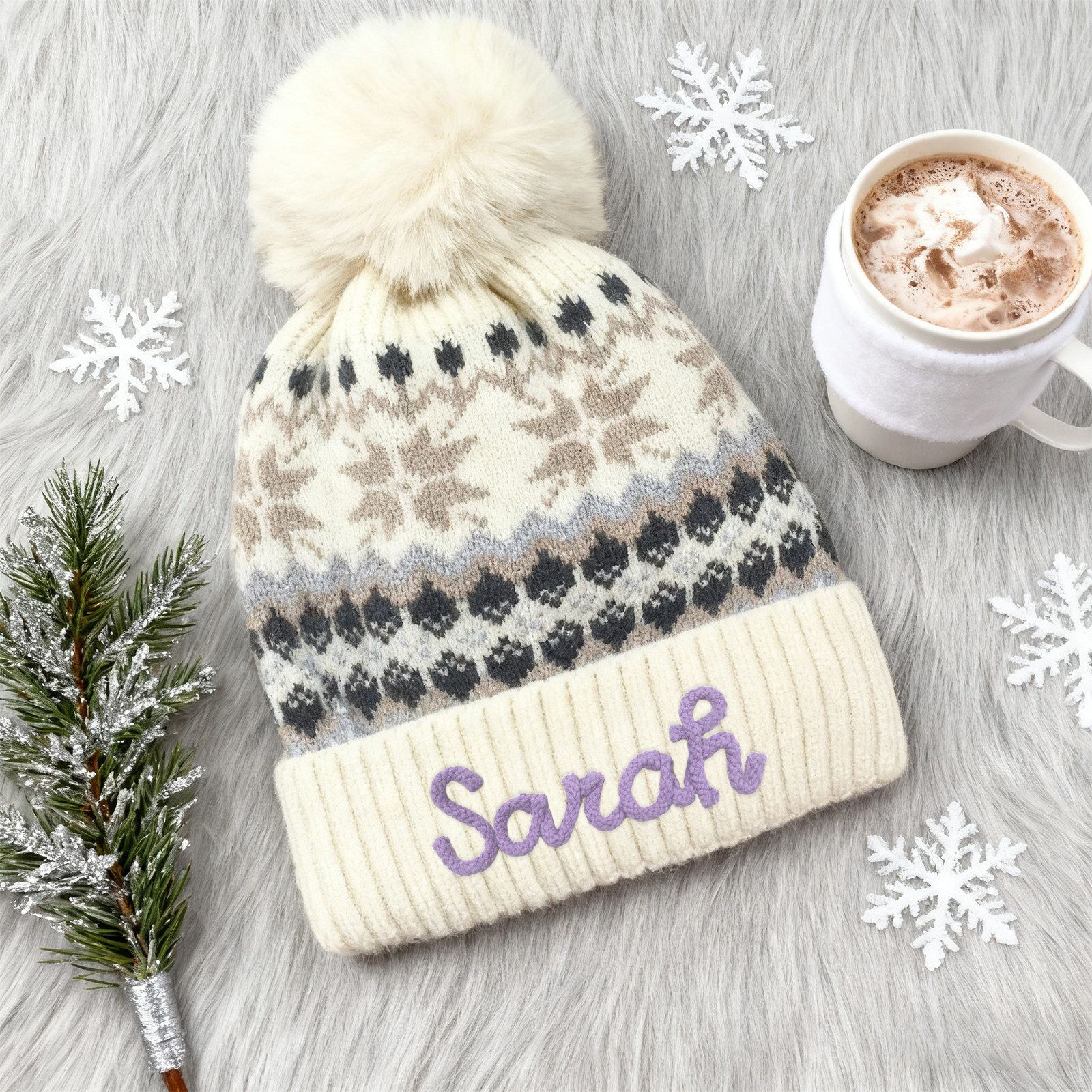 Personalisierte Strick-Bommelmütze Schneeflocken für Damen——Enthält fünf Farben