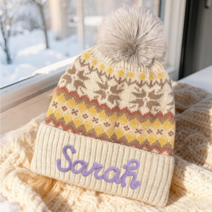 Personalisierte Strick-Bommelmütze Schneeflocken für Damen——Enthält fünf Farben