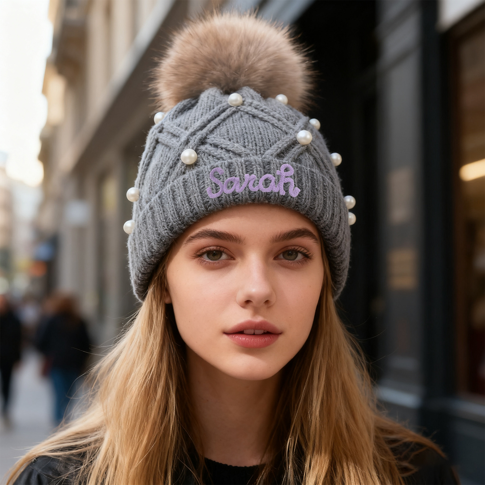 Personalisierte Weihnachten Perlen-Strickmütze Pompons mit Fellbommel für Damen