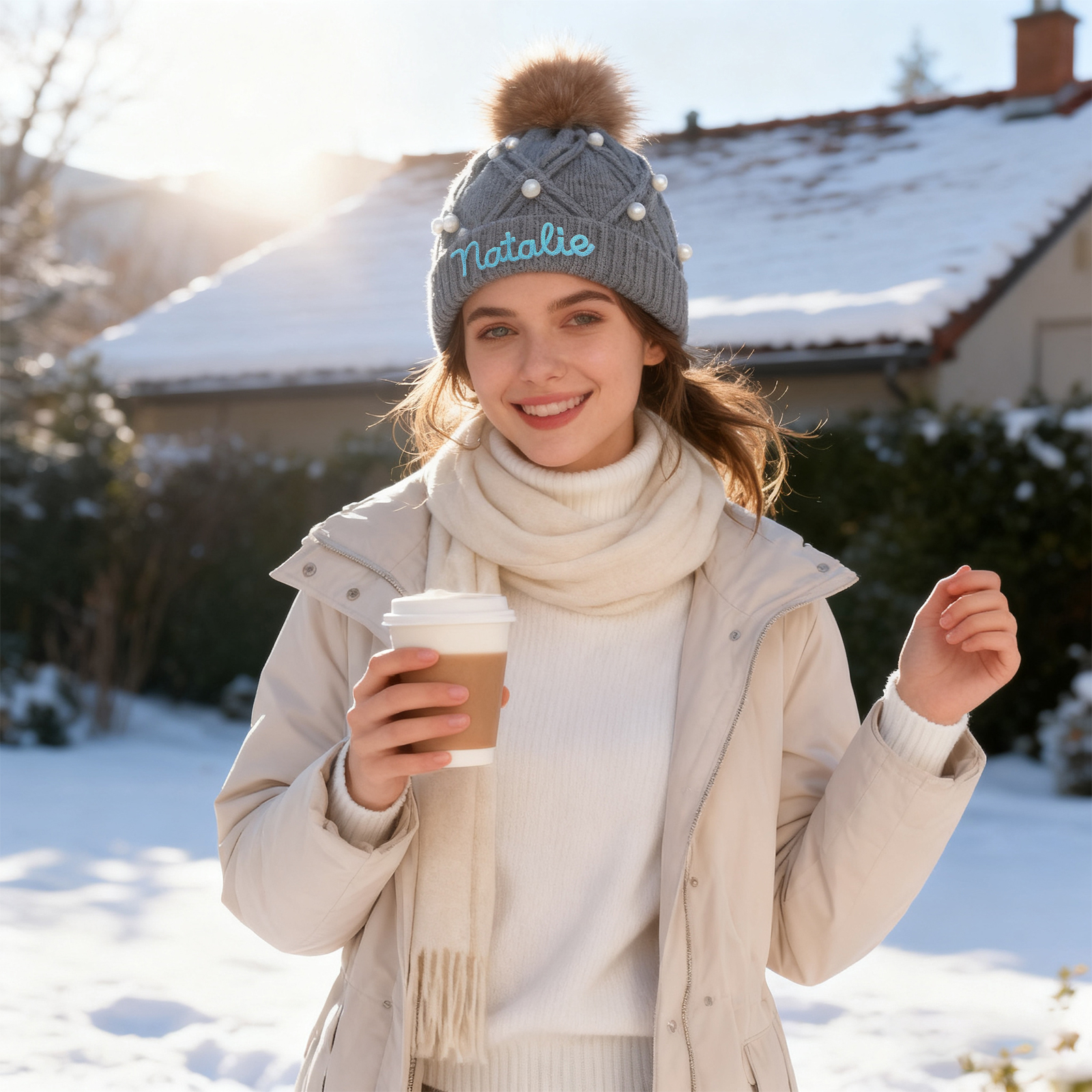 Personalisierte Weihnachten Perlen-Strickmütze Pompons mit Fellbommel für Damen