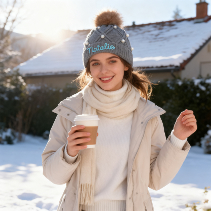 Personalisierte Weihnachten Perlen-Strickmütze Pompons mit Fellbommel für Damen