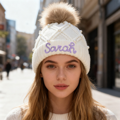 Personalisierte Weihnachten Perlen-Strickmütze Pompons mit Fellbommel für Damen