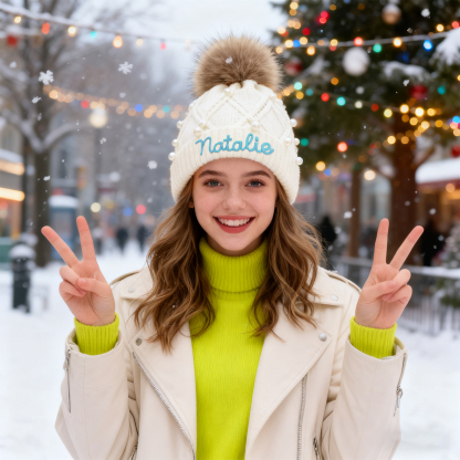 Personalisierte Weihnachten Perlen-Strickmütze Pompons mit Fellbommel für Damen