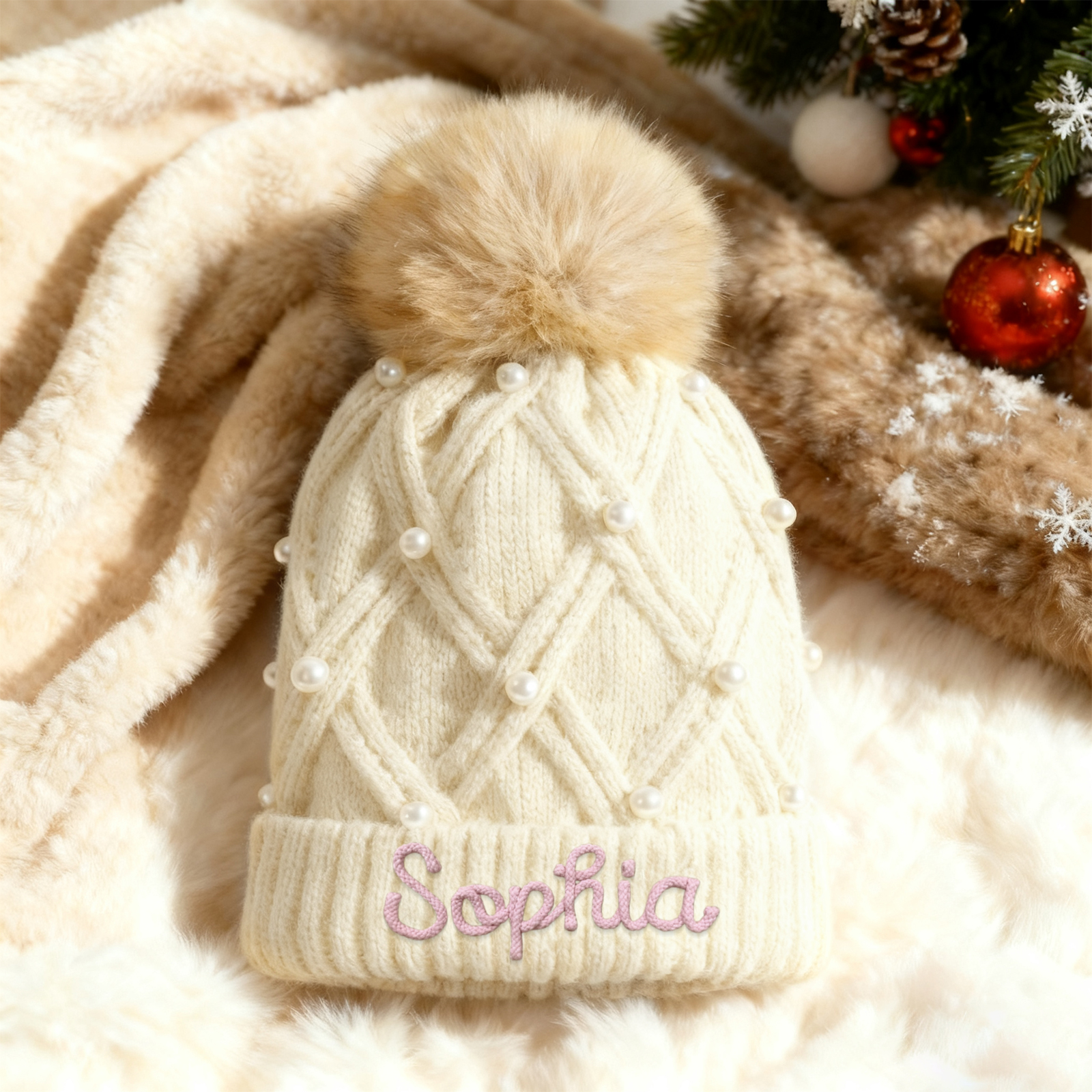 Personalisierte Weihnachten Perlen-Strickmütze Pompons mit Fellbommel für Damen