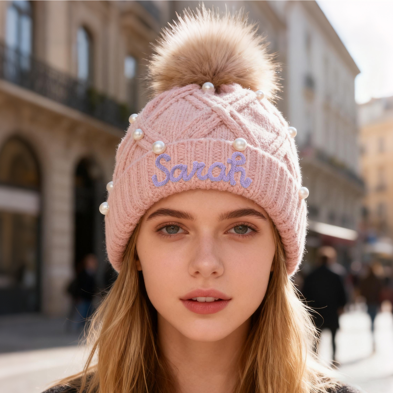 Personalisierte Weihnachten Perlen-Strickmütze Pompons mit Fellbommel für Damen
