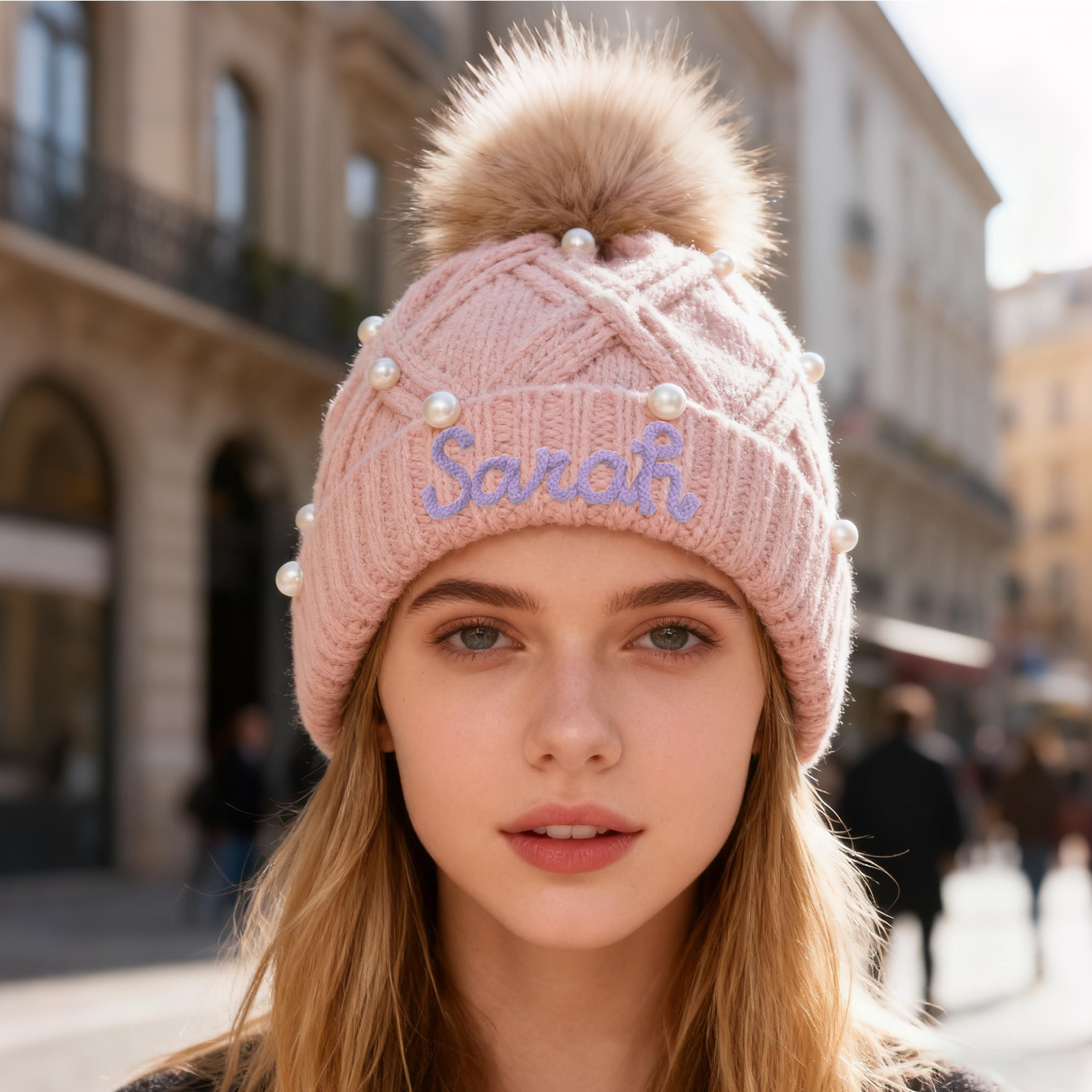Personalisierte Weihnachten Perlen-Strickmütze Pompons mit Fellbommel für Damen