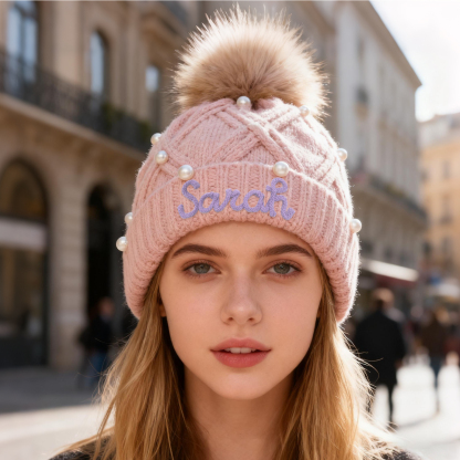 Personalisierte Weihnachten Perlen-Strickmütze Pompons mit Fellbommel für Damen