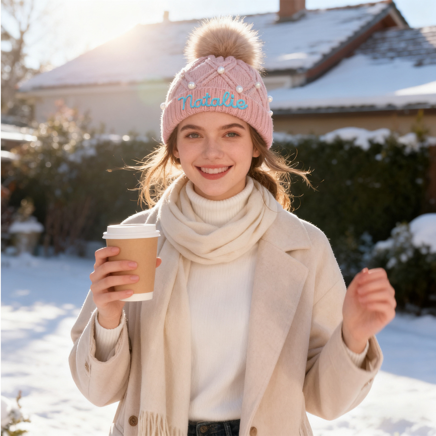 Personalisierte Weihnachten Perlen-Strickmütze Pompons mit Fellbommel für Damen