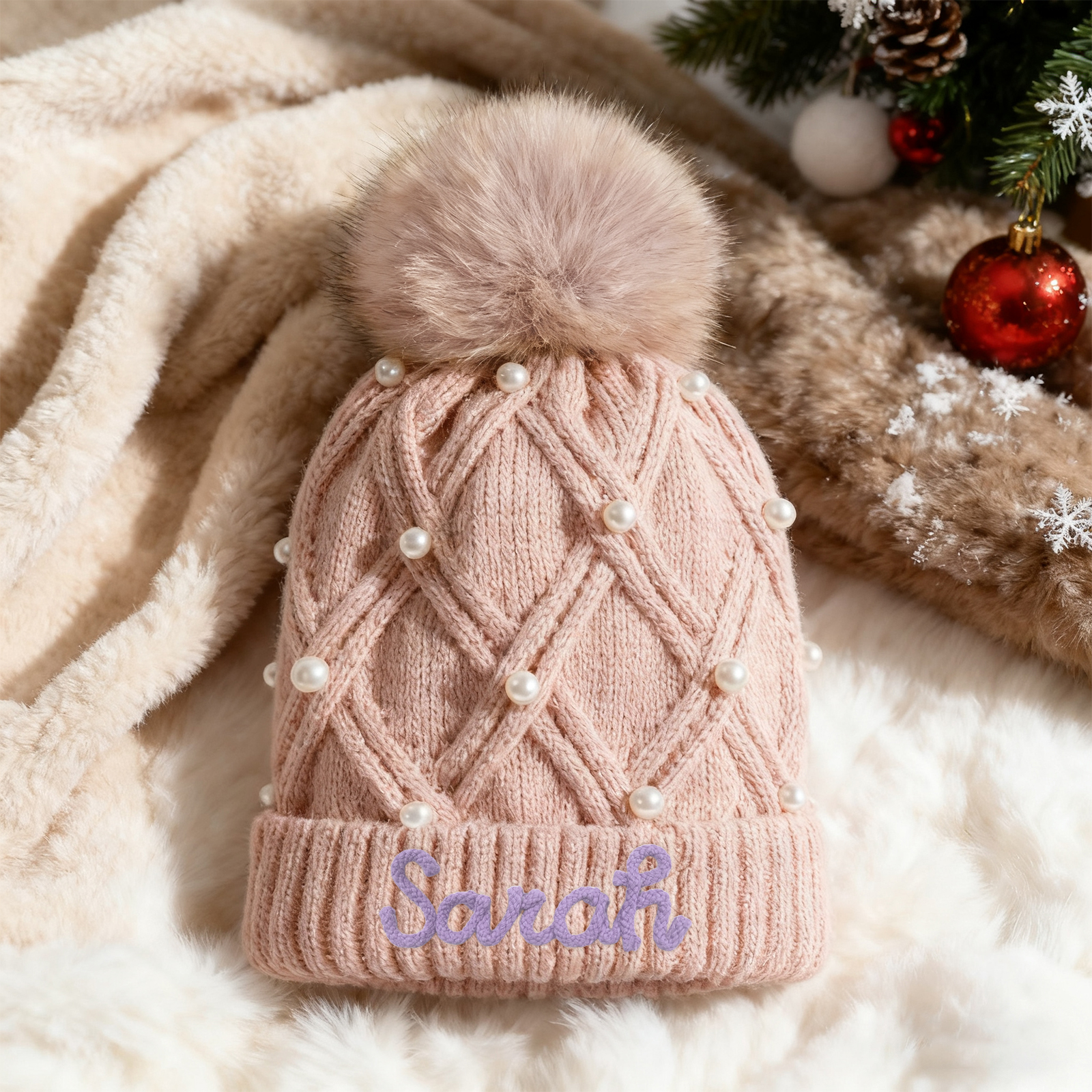 Personalisierte Weihnachten Perlen-Strickmütze Pompons mit Fellbommel für Damen