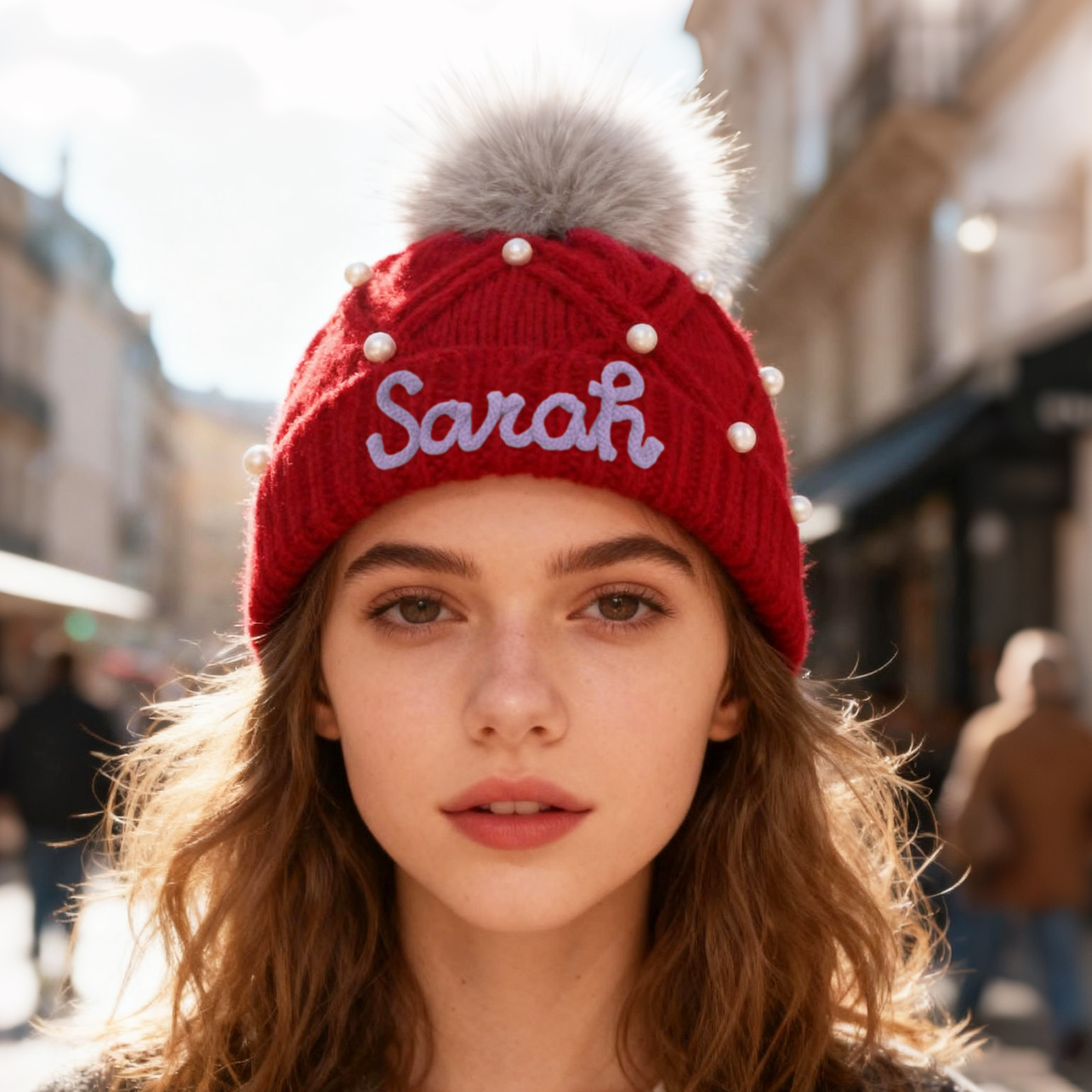 Personalisierte Weihnachten Perlen-Strickmütze Pompons mit Fellbommel für Damen