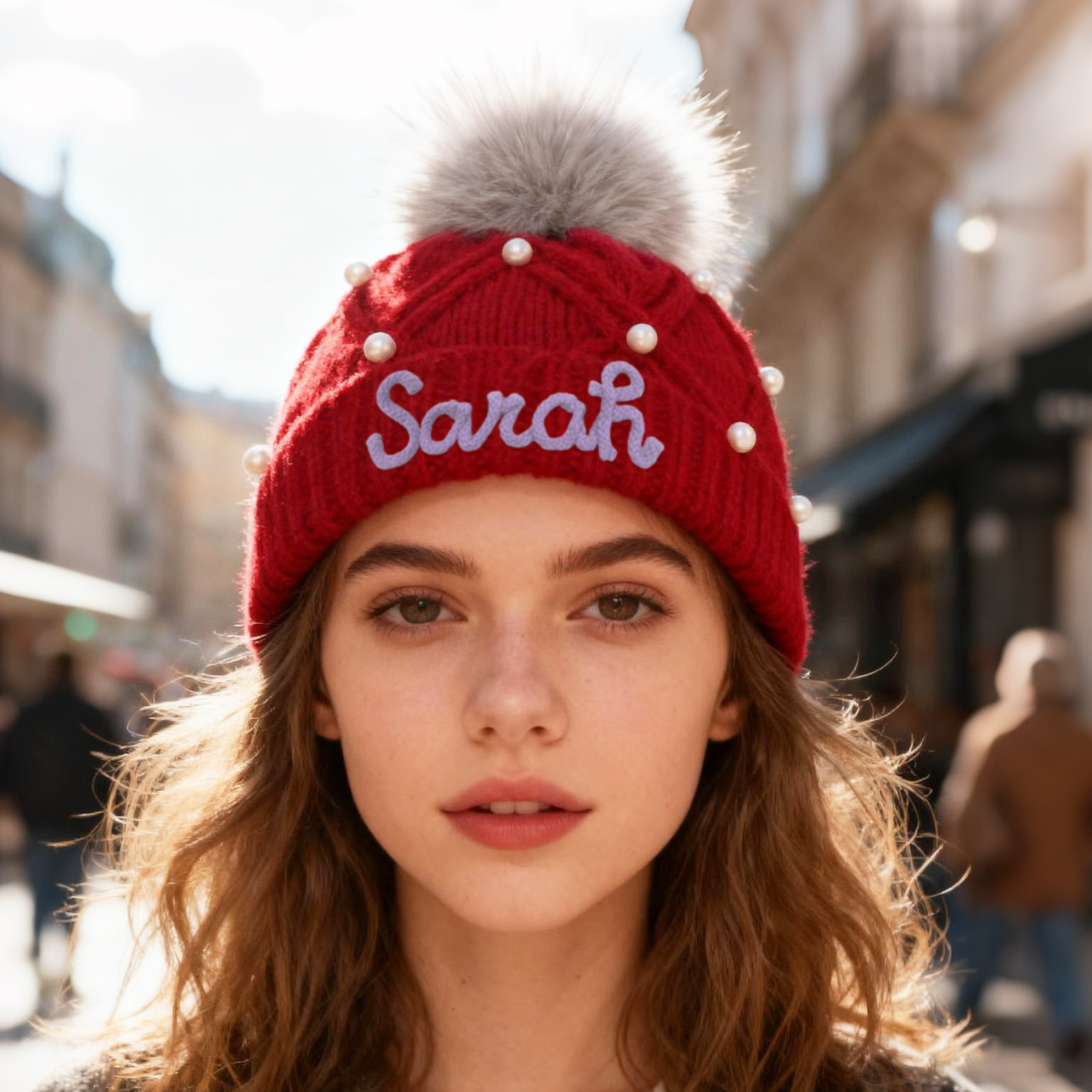 Personalisierte Weihnachten Perlen-Strickmütze Pompons mit Fellbommel für Damen