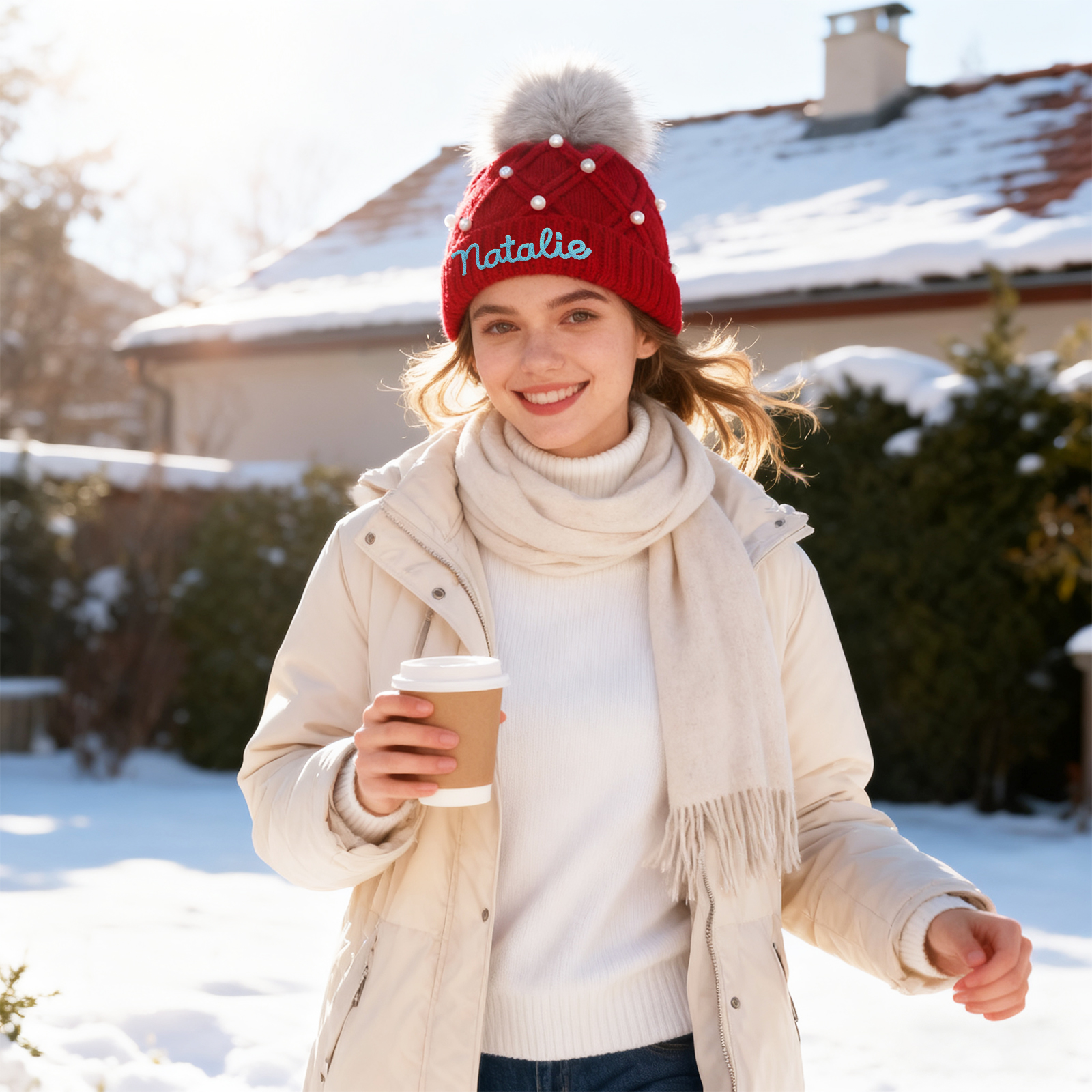 Personalisierte Weihnachten Perlen-Strickmütze Pompons mit Fellbommel für Damen