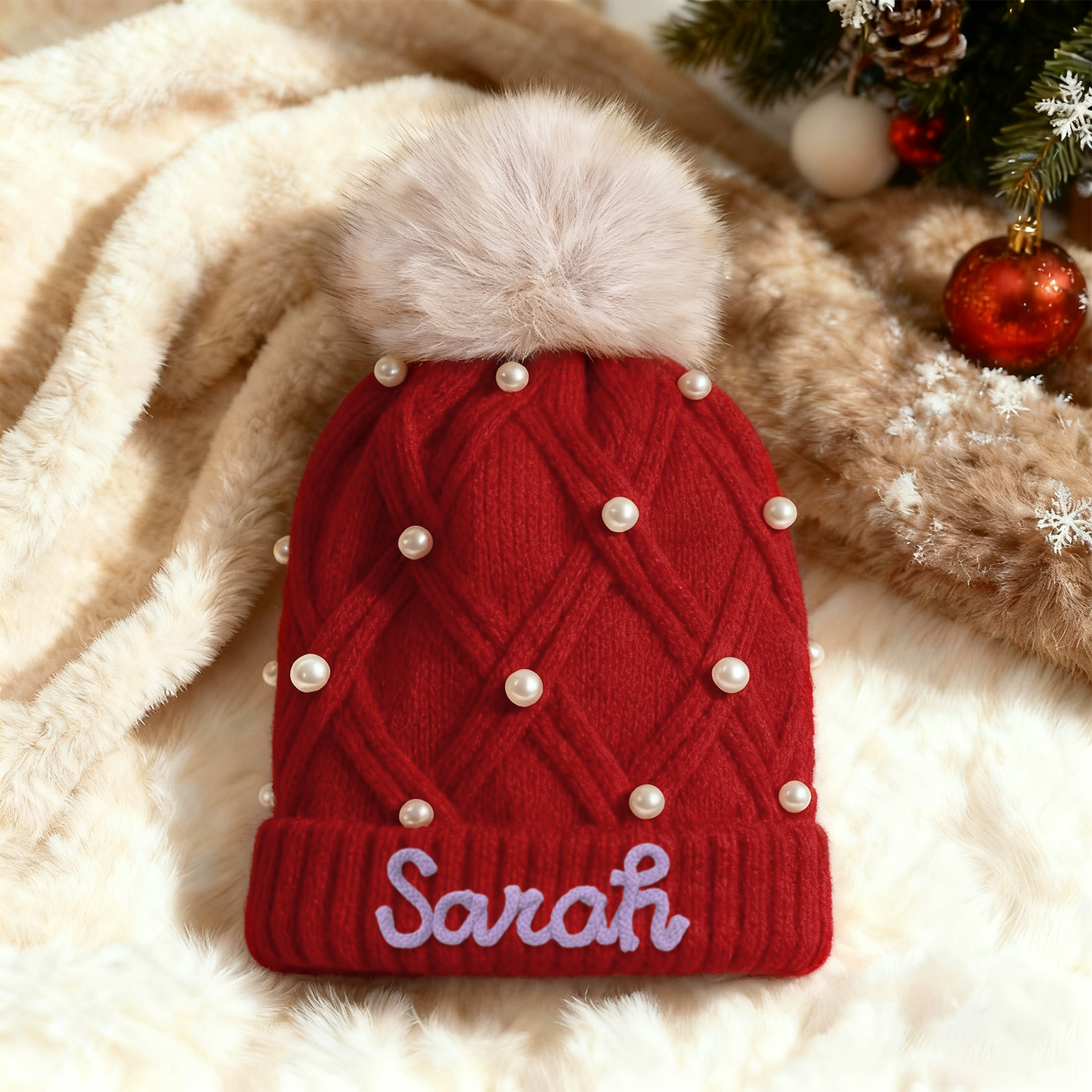 Personalisierte Weihnachten Perlen-Strickmütze Pompons mit Fellbommel für Damen