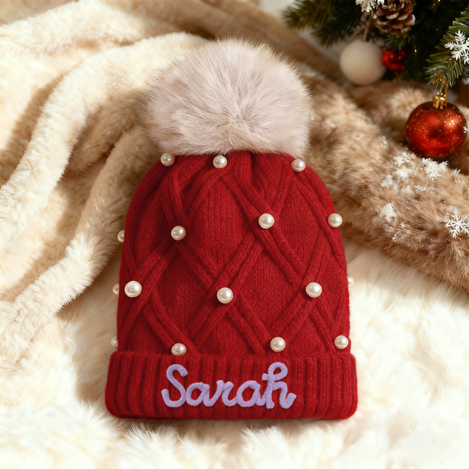Personalisierte Weihnachten Perlen-Strickmütze Pompons mit Fellbommel für Damen