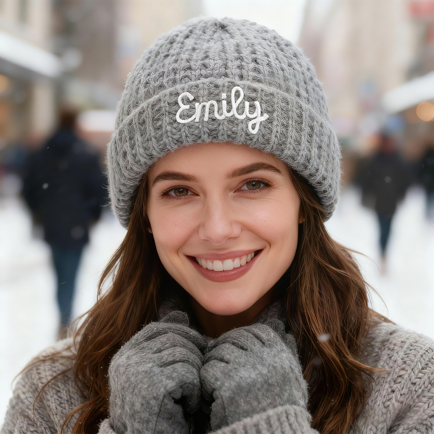 Personalisierte Weihnachten Waffelstrick-Wintermütze mit Namensstickerei für Damen