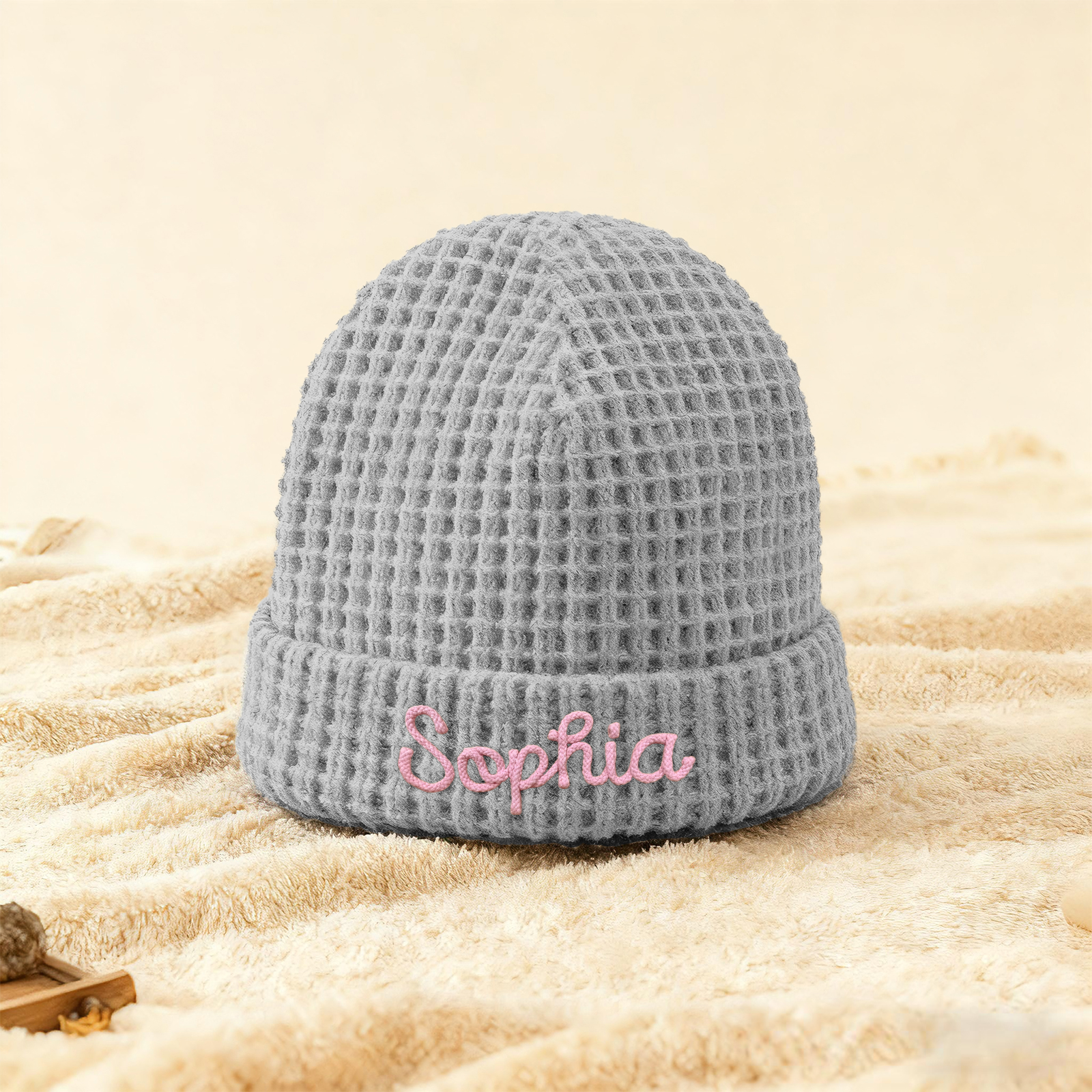 Personalisierte Weihnachten Waffelstrick-Wintermütze mit Namensstickerei für Damen