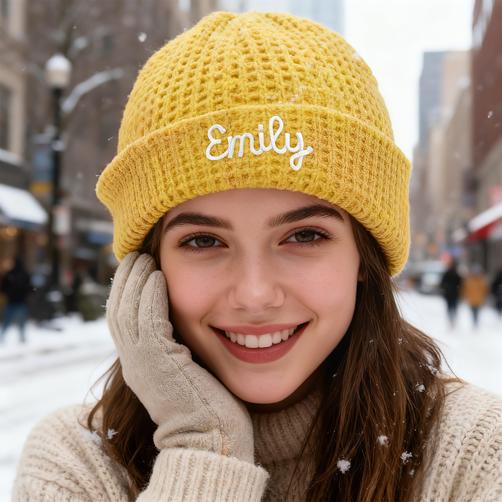 Personalisierte Weihnachten Waffelstrick-Wintermütze mit Namensstickerei für Damen