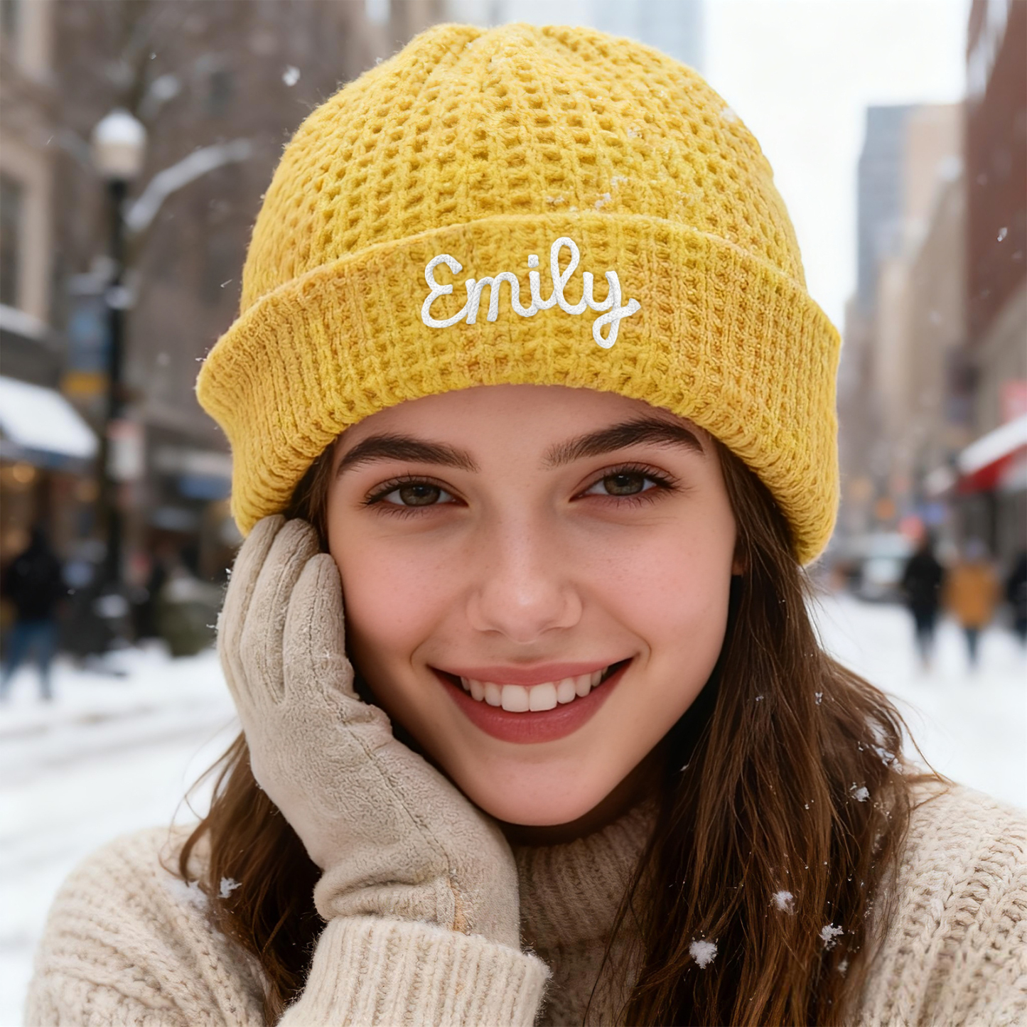 Personalisierte Weihnachten Waffelstrick-Wintermütze mit Namensstickerei für Damen