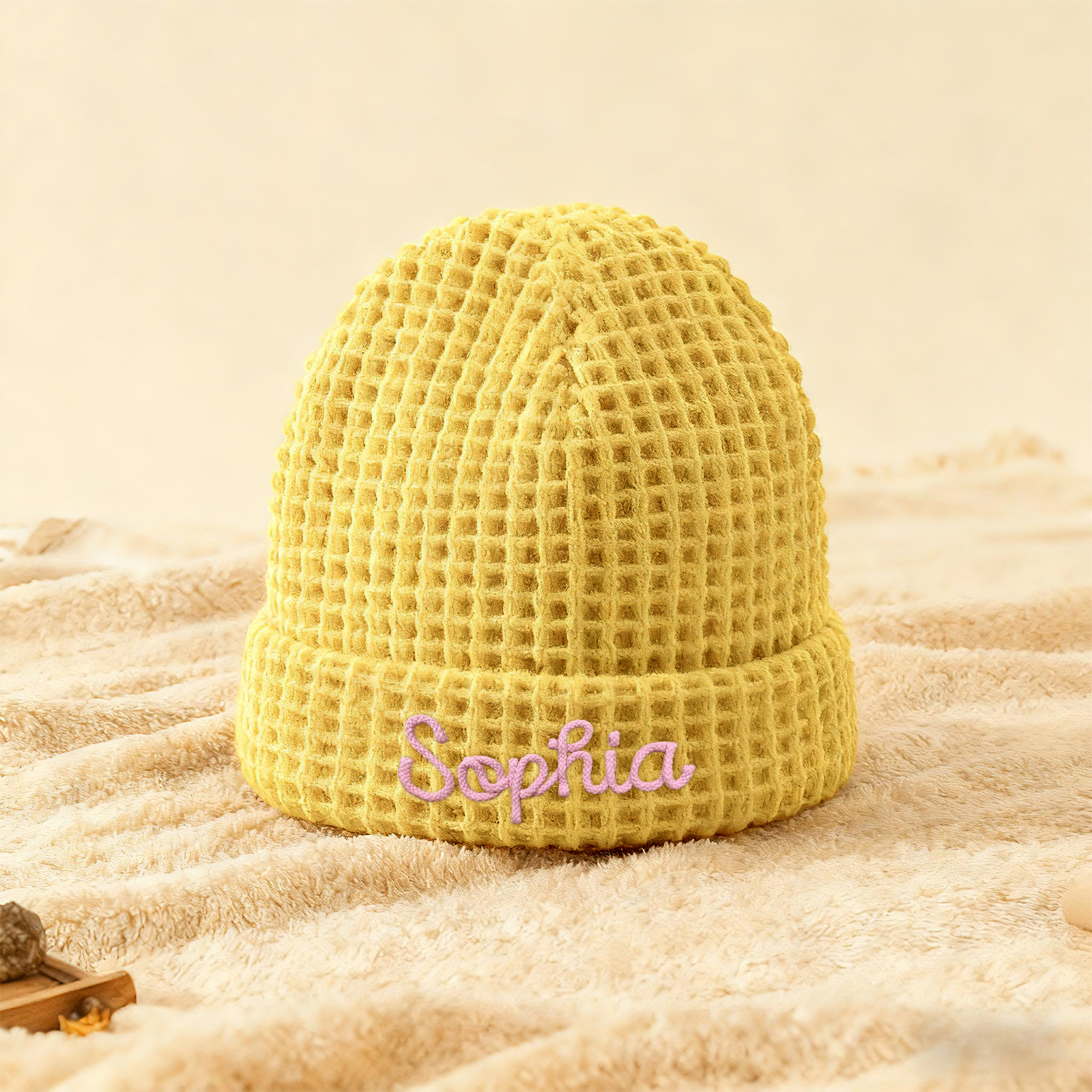 Personalisierte Weihnachten Waffelstrick-Wintermütze mit Namensstickerei für Damen