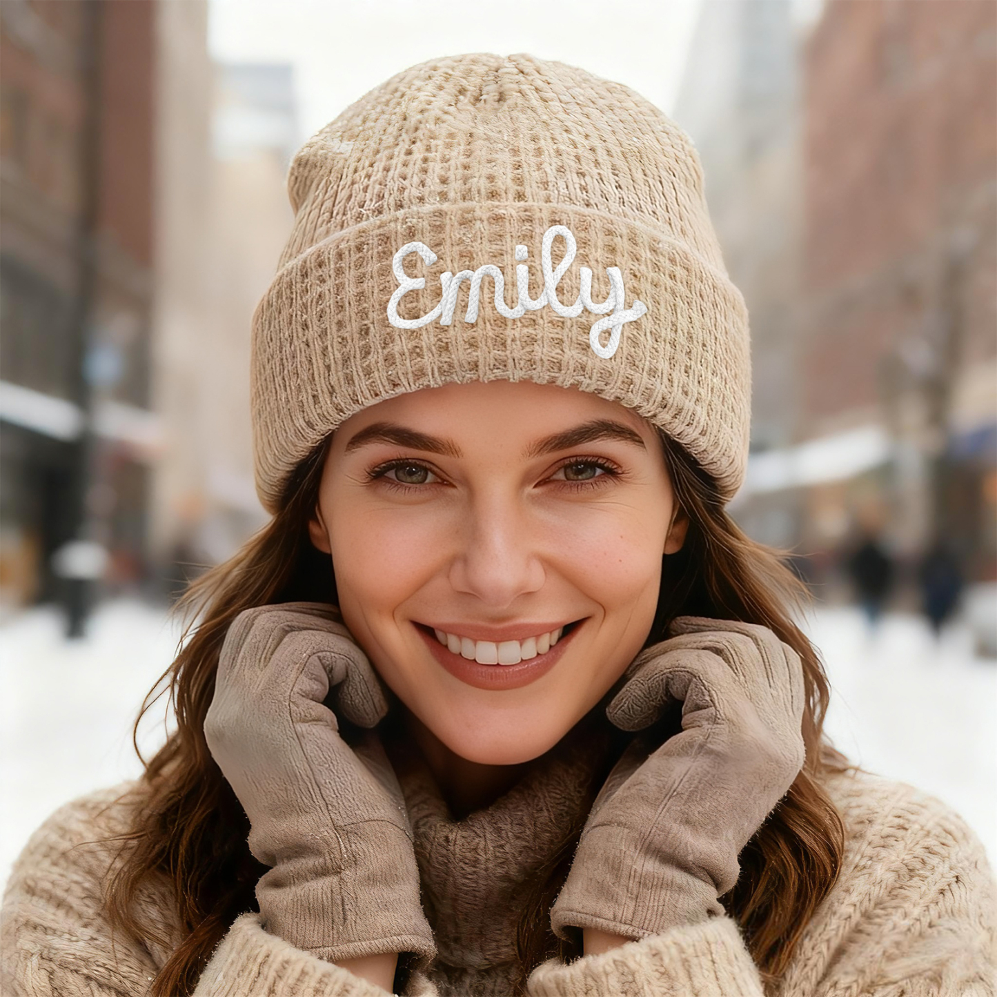 Personalisierte Weihnachten Waffelstrick-Wintermütze mit Namensstickerei für Damen