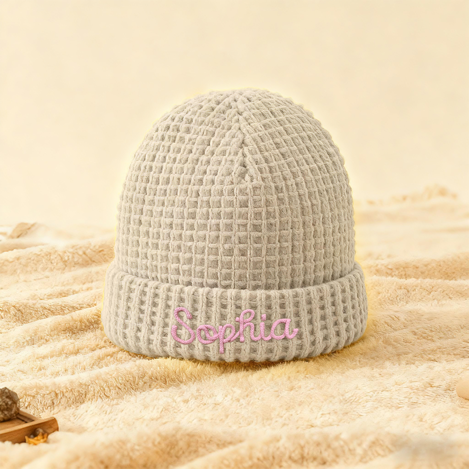 Personalisierte Weihnachten Waffelstrick-Wintermütze mit Namensstickerei für Damen