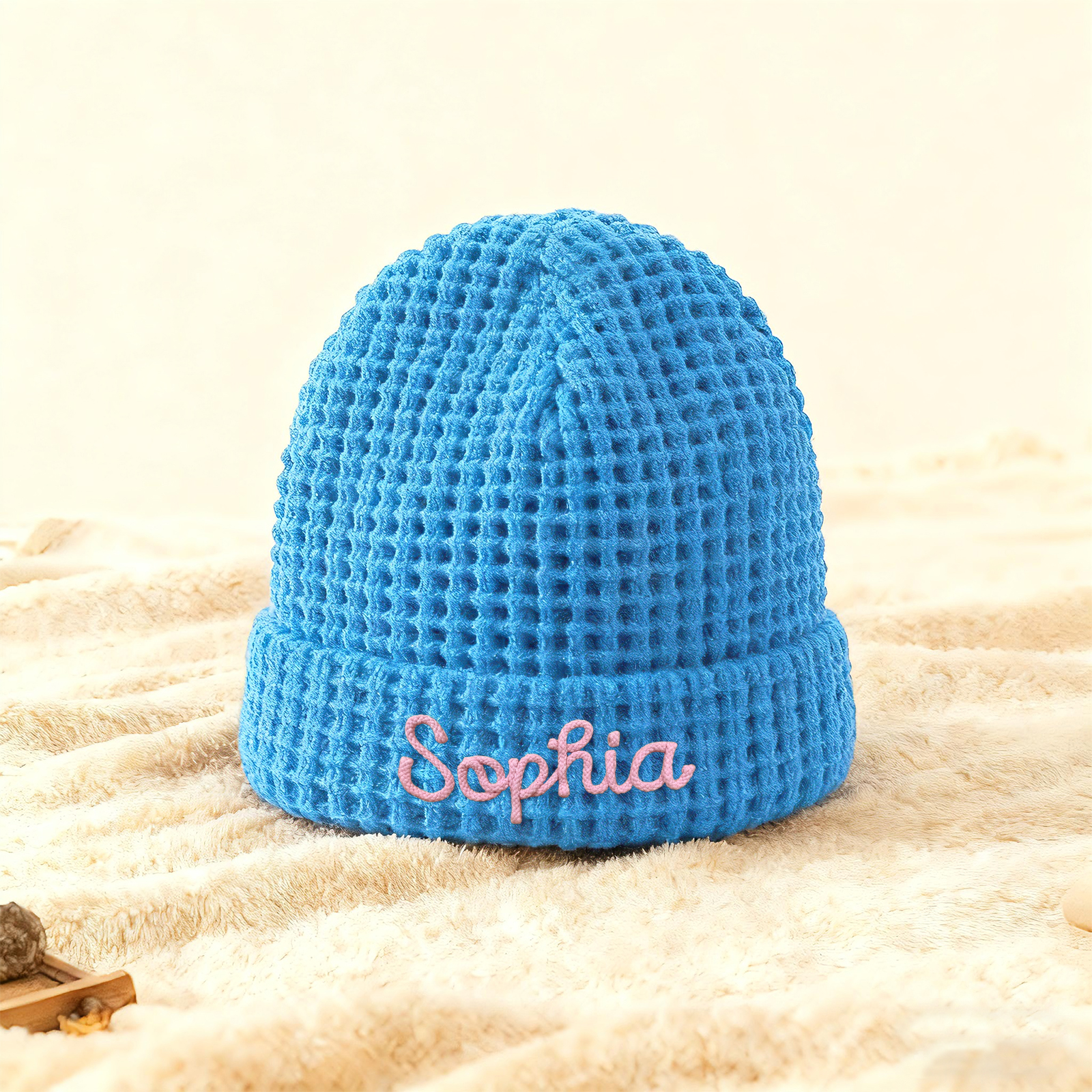 Personalisierte Weihnachten Waffelstrick-Wintermütze mit Namensstickerei für Damen