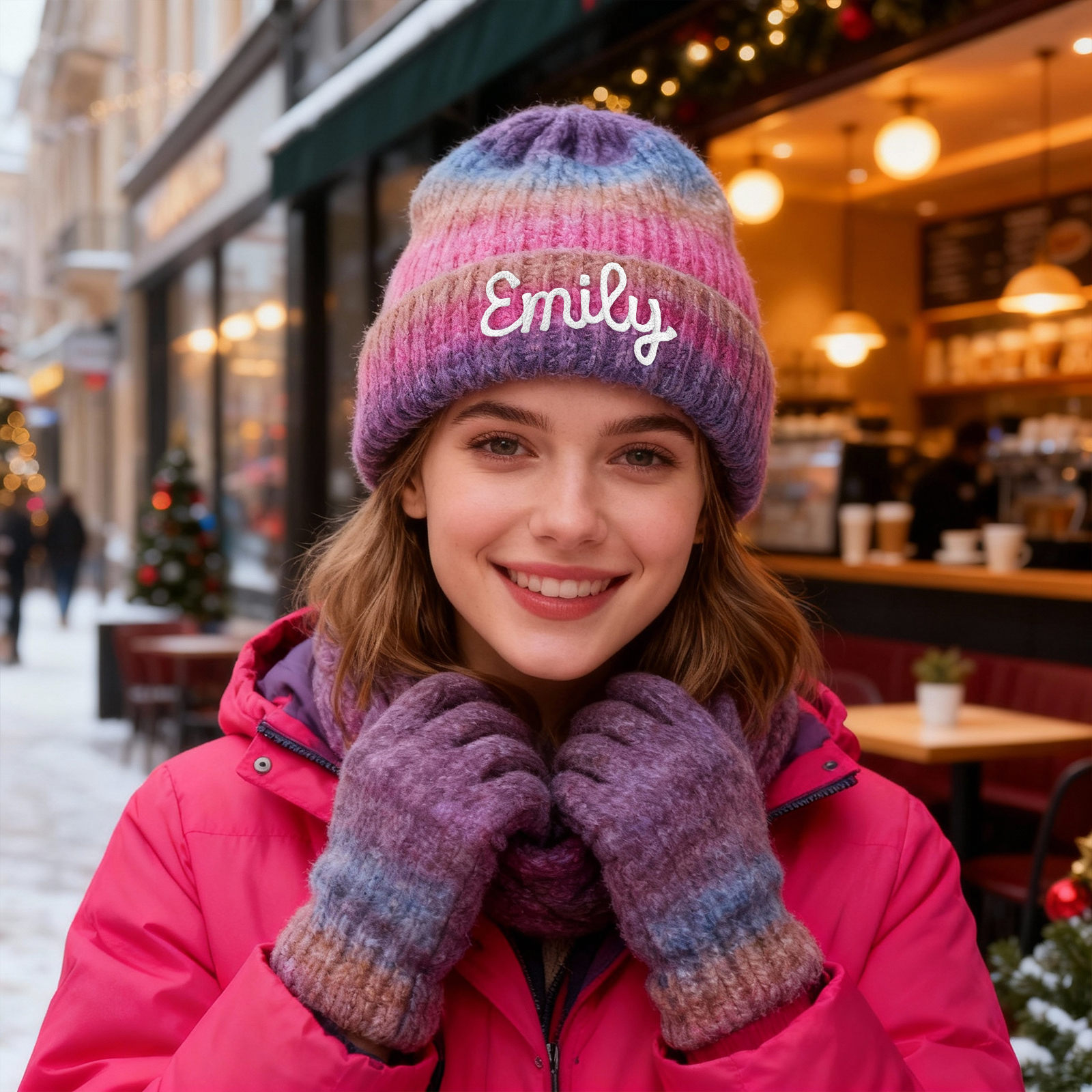 Personalisierte Weihnachten warmes Acryl Beanie Farbverlauf Namensstickerei Strickmütze für Damen