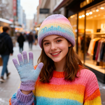 Personalisierte Weihnachten warmes Acryl Beanie Farbverlauf Namensstickerei Strickmütze für Damen