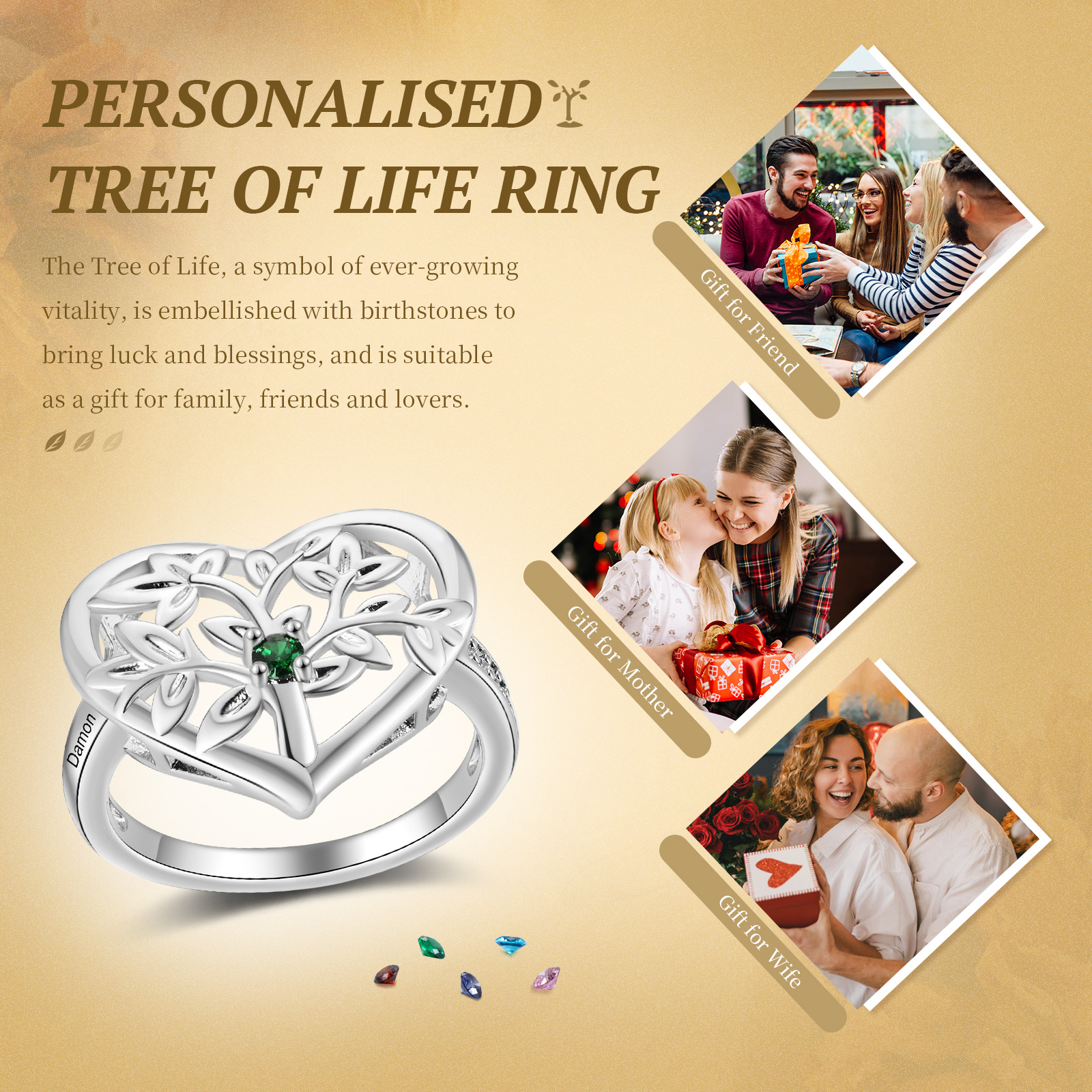 Personalisierter Herz-Lebensbaum Ring mit Geburtsstein und 1-6 Namen für Mama & Familie