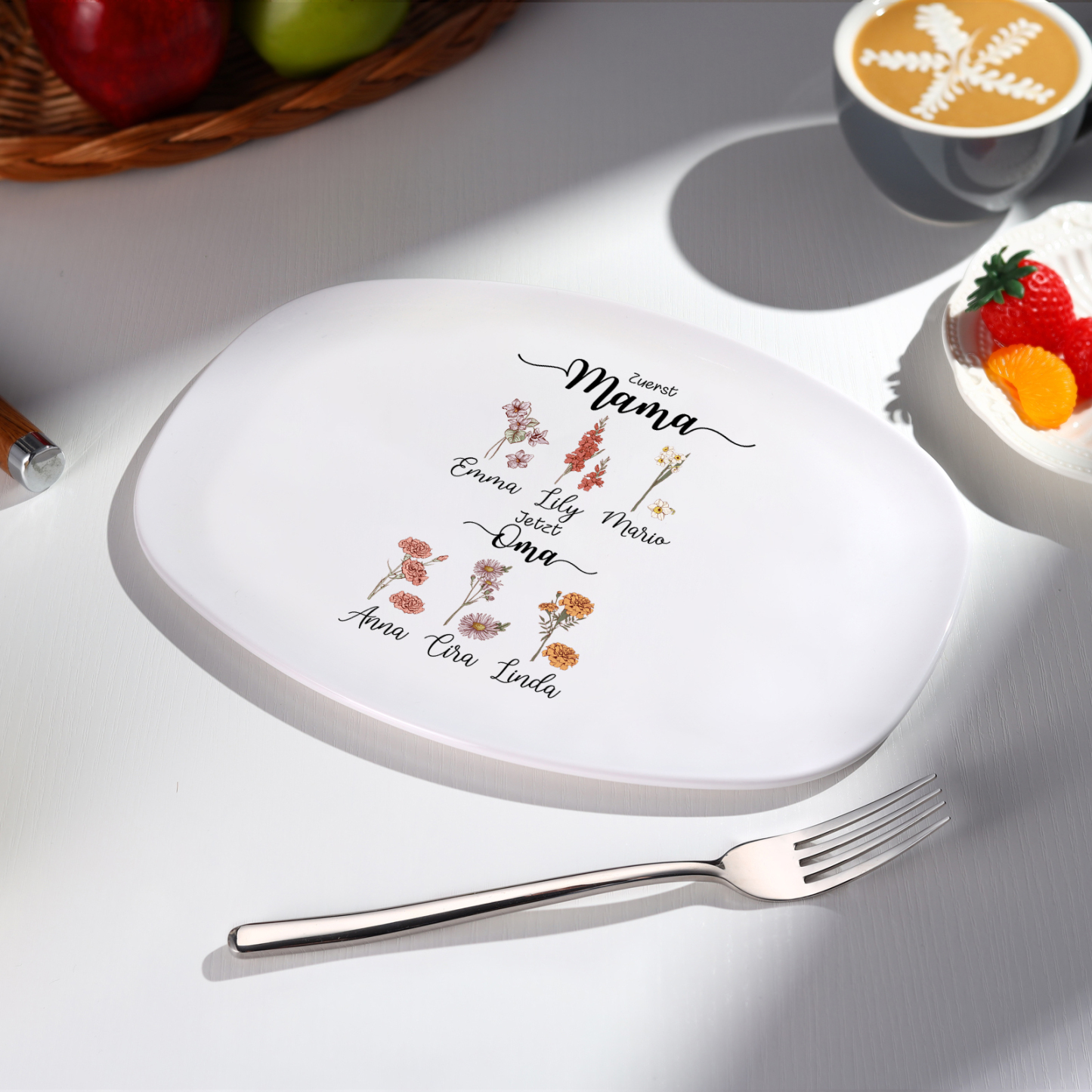 Personalisierter ovaler Geburtsblumenteller für Mama/Oma