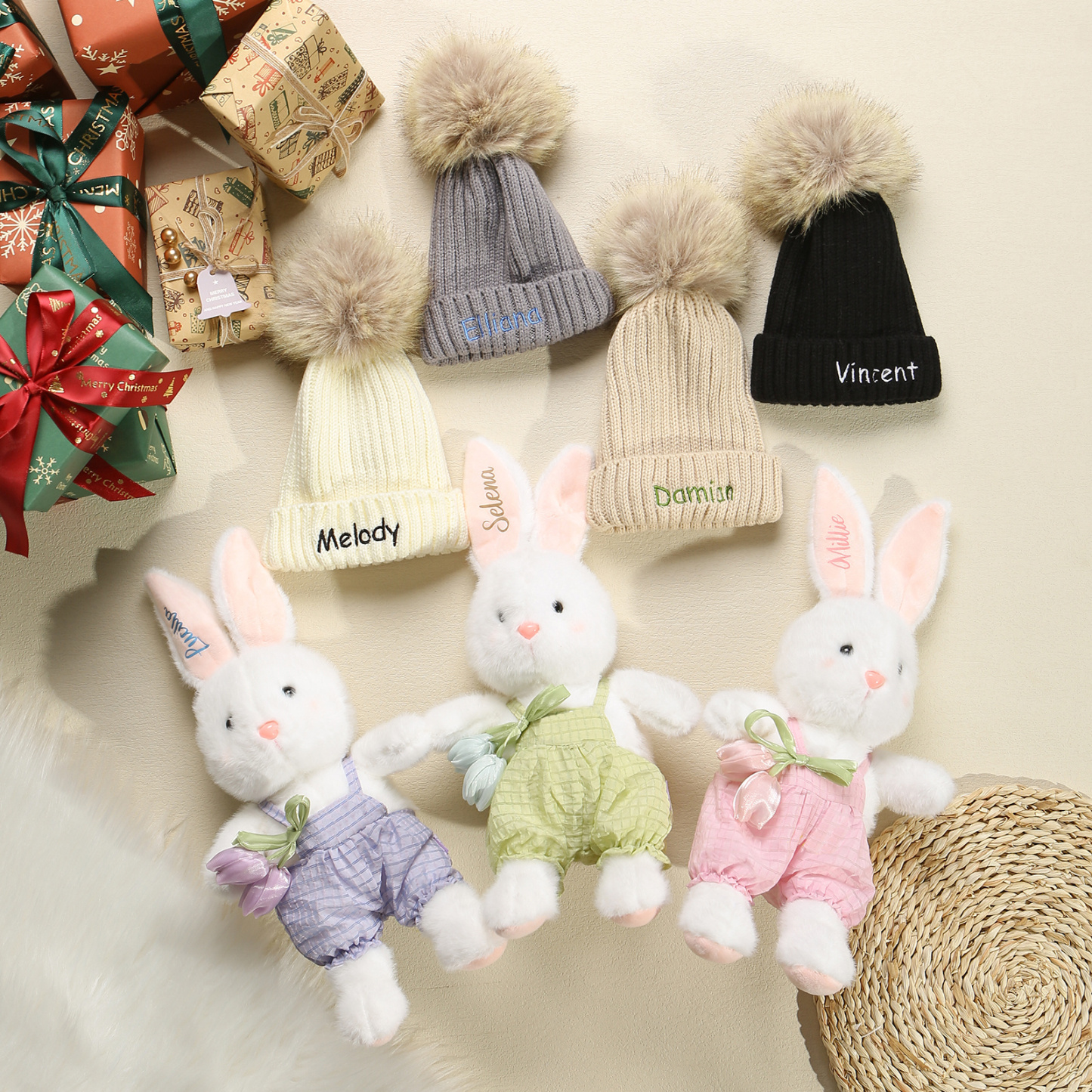 Personalisiertes Set aus Plüschhase und Bommelmütze mit Namensstickerei – Geschenk für Babys und Kinder
