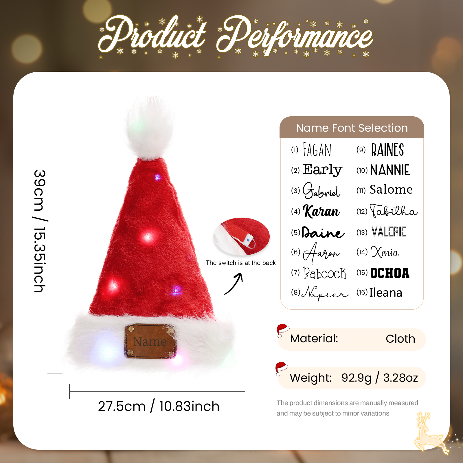 Plüsch-Weihnachtsmütze mit LED-Lichtern und personalisiertem Namensschild – für Kinder und Erwachsene