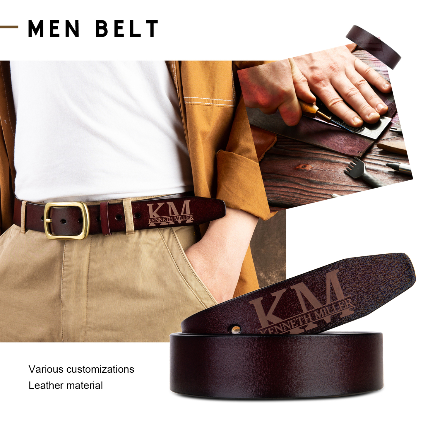 Personalisierter 1 Name & Buchstabe Braun Herren Ledergürtel
