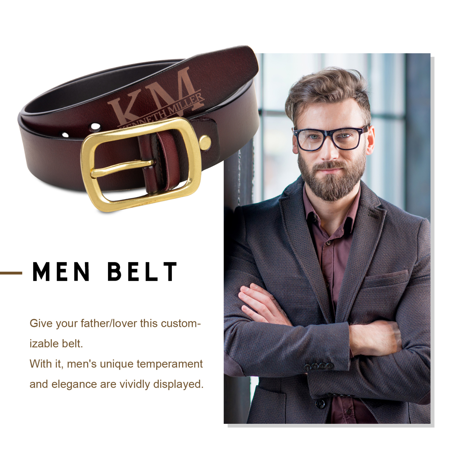 Personalisierter 1 Name & Buchstabe Braun Herren Ledergürtel