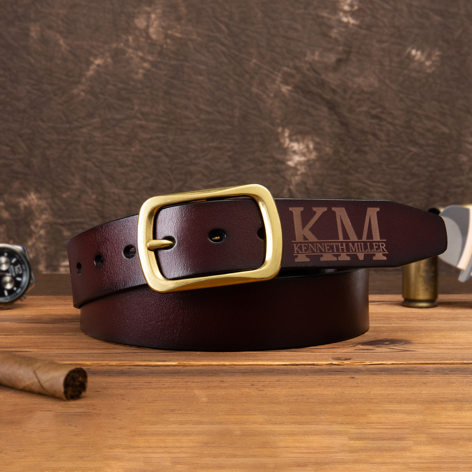 Personalisierter 1 Name & Buchstabe Braun Herren Ledergürtel