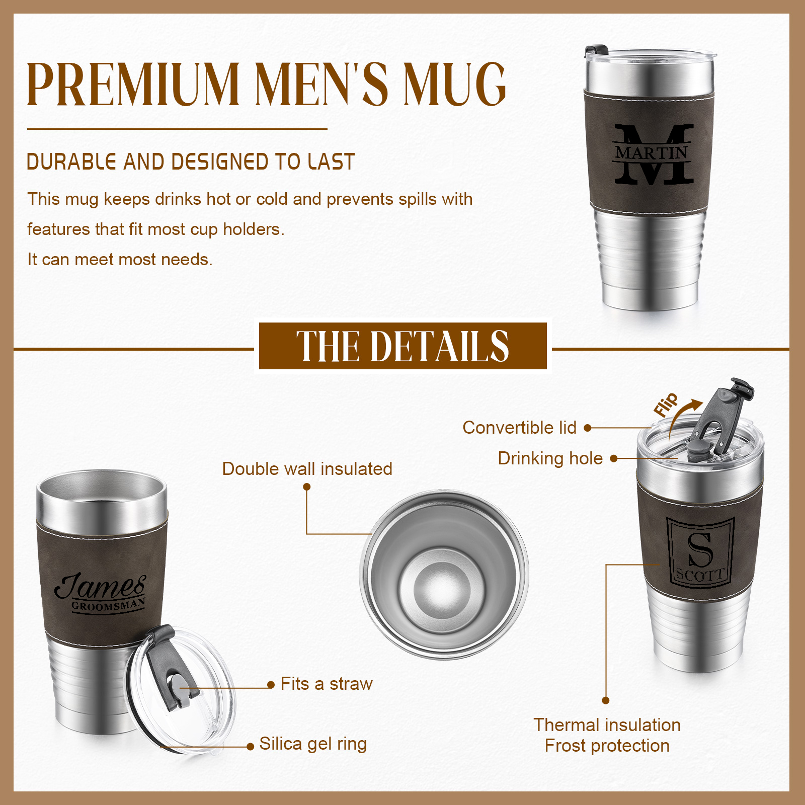 Edelstahlbecher mit individuell monogrammierter Lederhülle