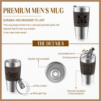 Edelstahlbecher mit individuell monogrammierter Lederhülle